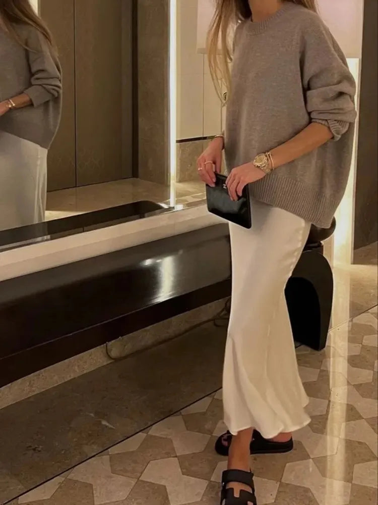 Elegant Satin Office Midi Skirt