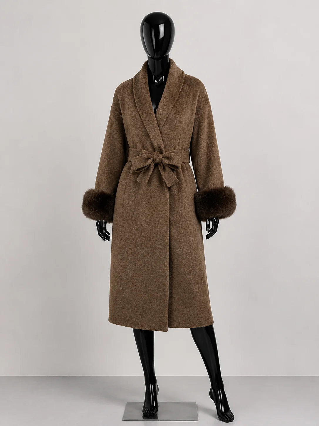 Women's Wool Coat with Fur Cuffs Minimalist Soft Wool High Fashion Belted Winter Fur Trim Coat Old Money Style Natural Fur Coat