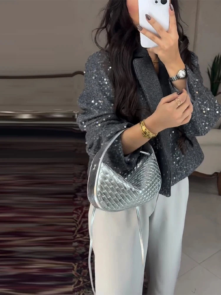 Elegant Cropped Sequin Blazer Jacket