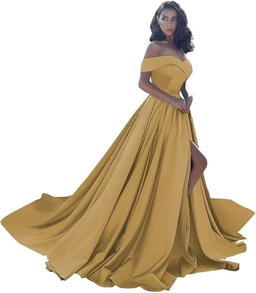 Simple Off Shoulder Satin Evening Gown