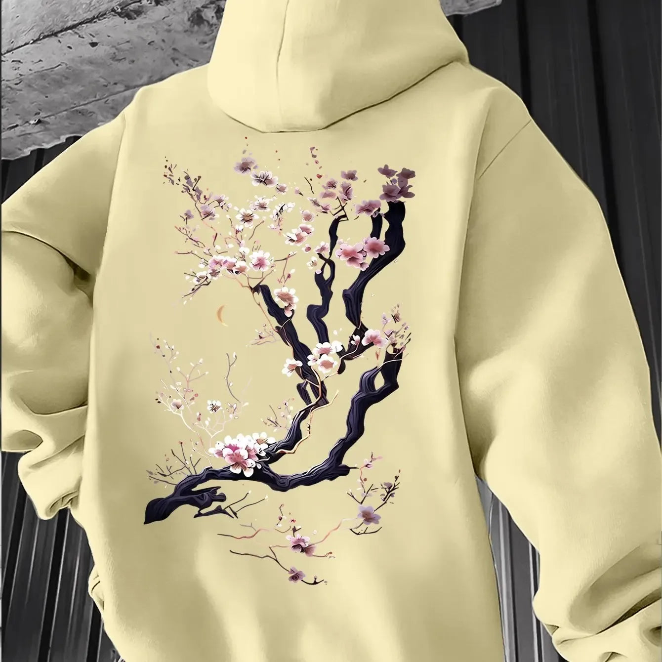 Men'S Hoodie Designed with Retro Ink Wash Style Cherry Blossom Branches Reflecting Eastern Aesthetics Made from Knit Fabric