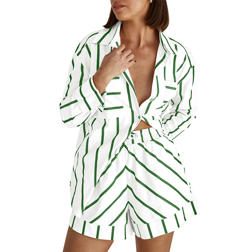Striped Button Blouse Shorts Set