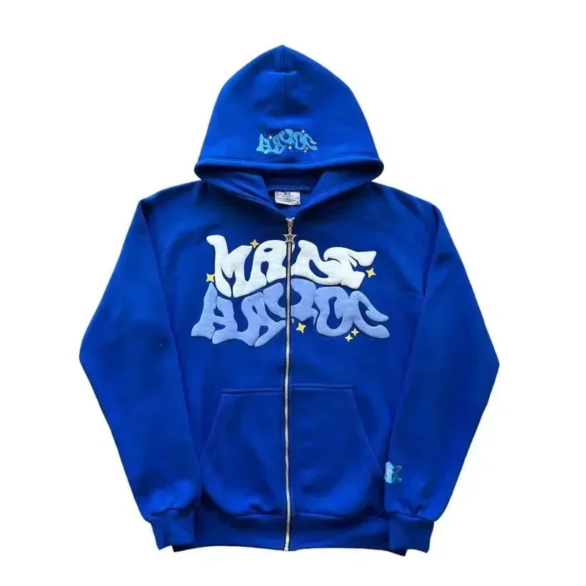 Hooded zipper hoodie with retro American-style letters, unisex, suitable for pairing with a millennial-style jacket