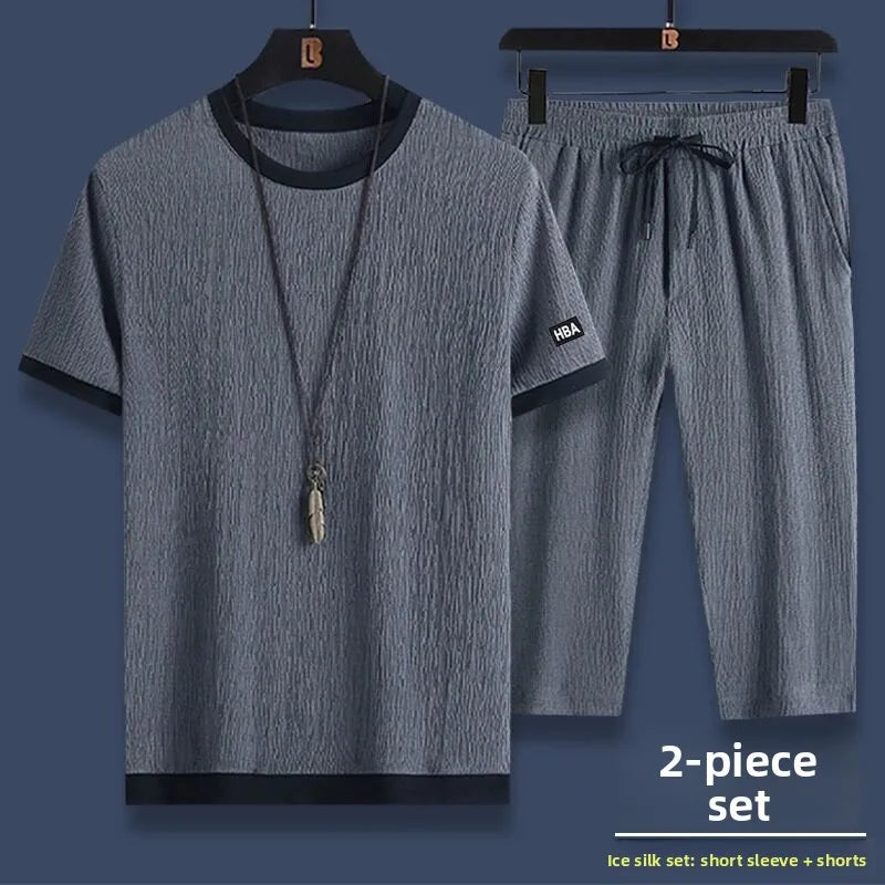 Casual Ice Silk Sports Suit Men's Summer Thin Short Sleeve Shorts Trendy Clothes Handsome Match One Set of Youth Clothing