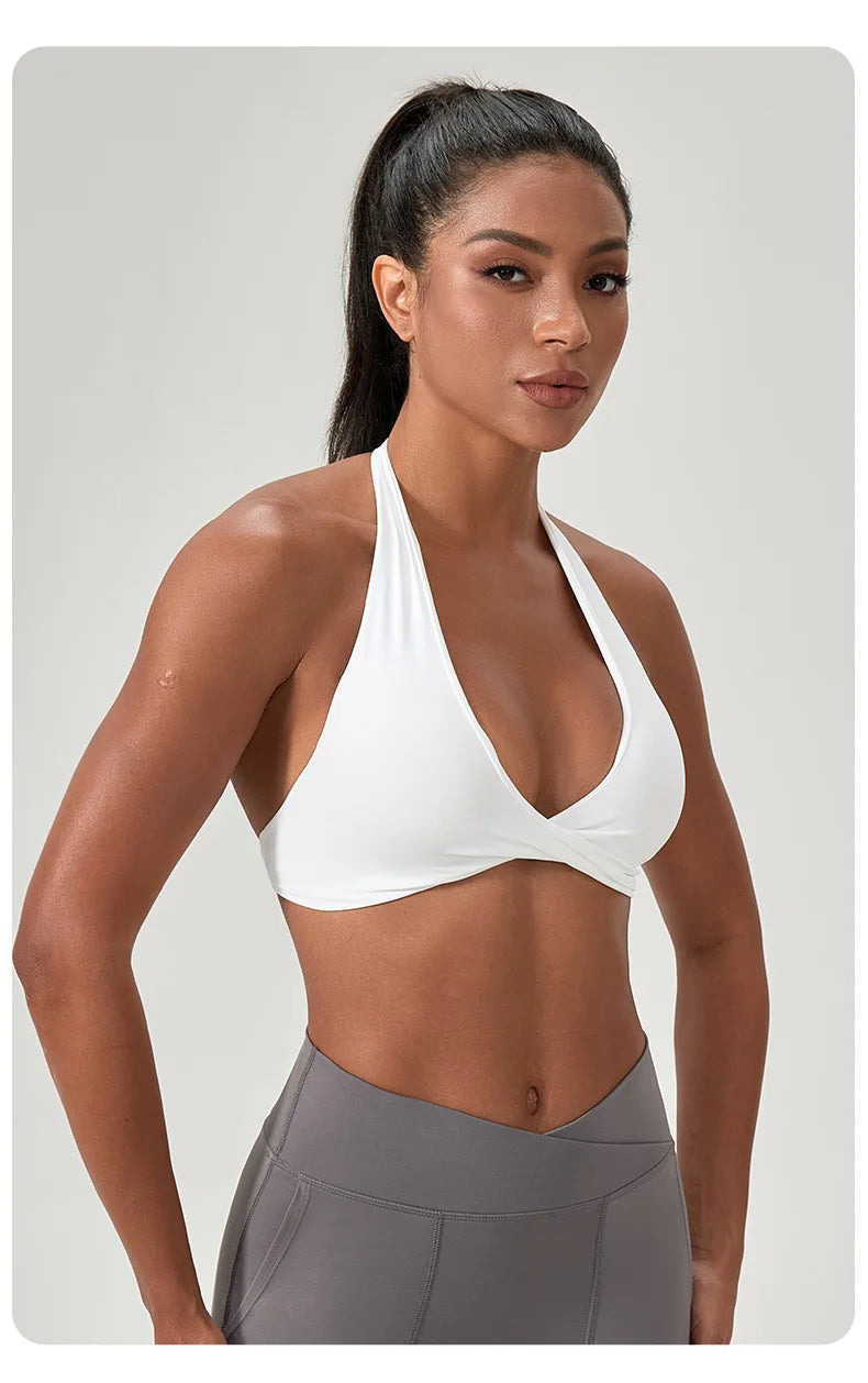 Strappy Bra for Women Open Back Halter Sports Bra Light Support Gym Crop Top Seamless Workout Yoga Top Bra Padded Bras