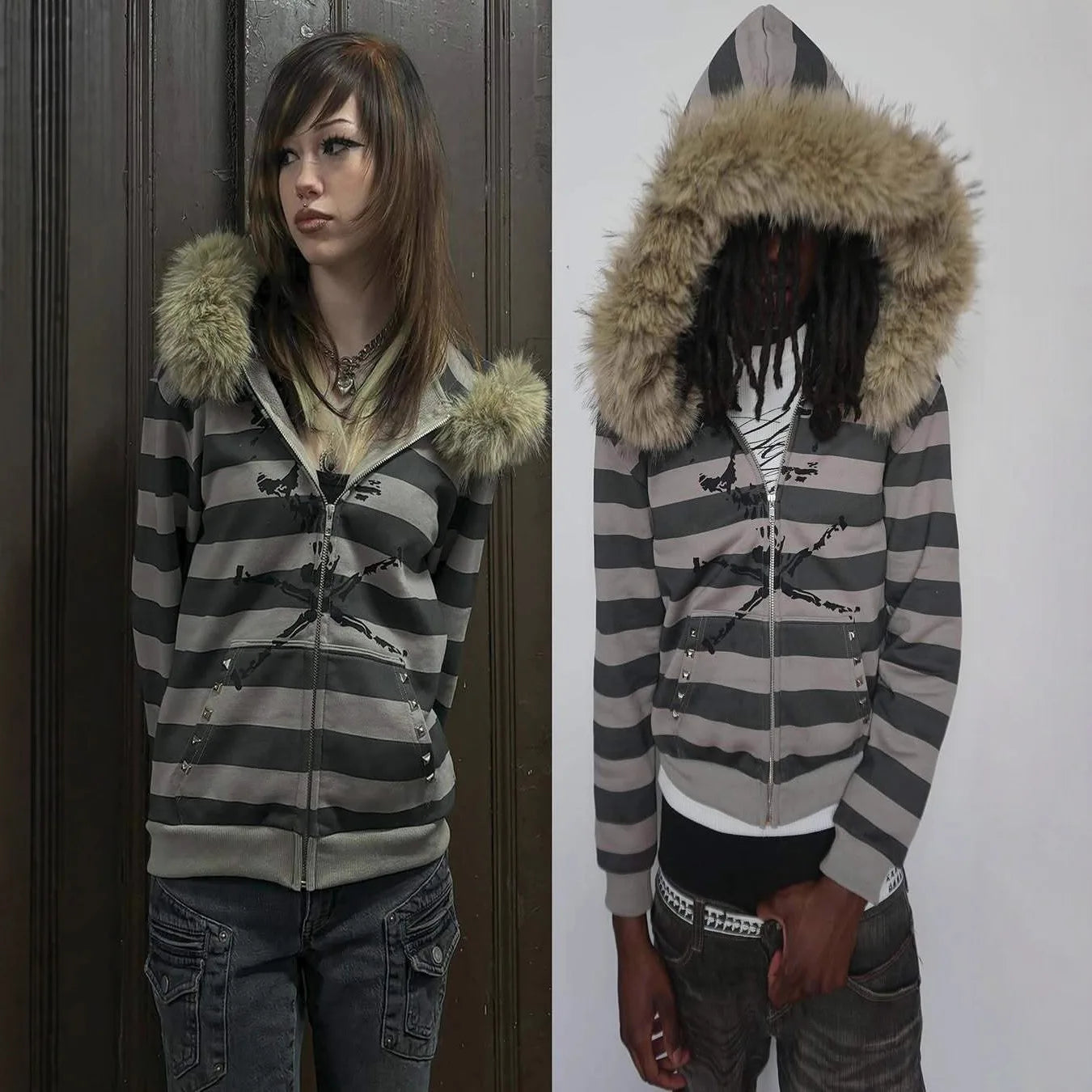 Hoodie with leather collar suitable both men and women striped printed long sleeved loose hooded sports hoodie punk Y2K daily