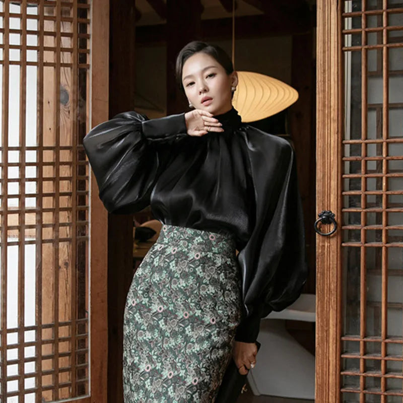 Elegant Chiffon Lantern Sleeve Blouse