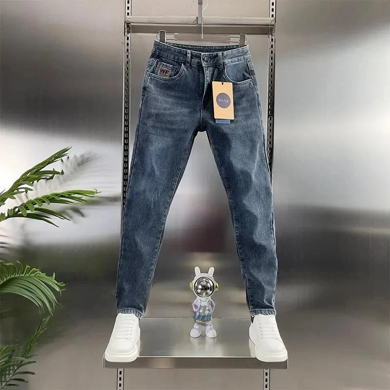 Thick Jeans Men's Slim Fit Spring Autumn Winter Casual Long Pants Cotton Stretch Denim mid Waist Zipper Closure Wear Resistant