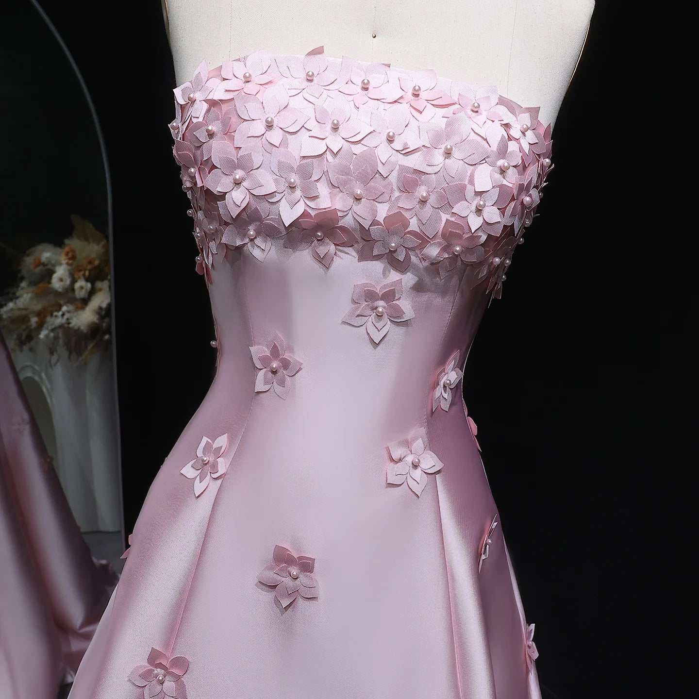 Pink Floral Strapless Evening Gown