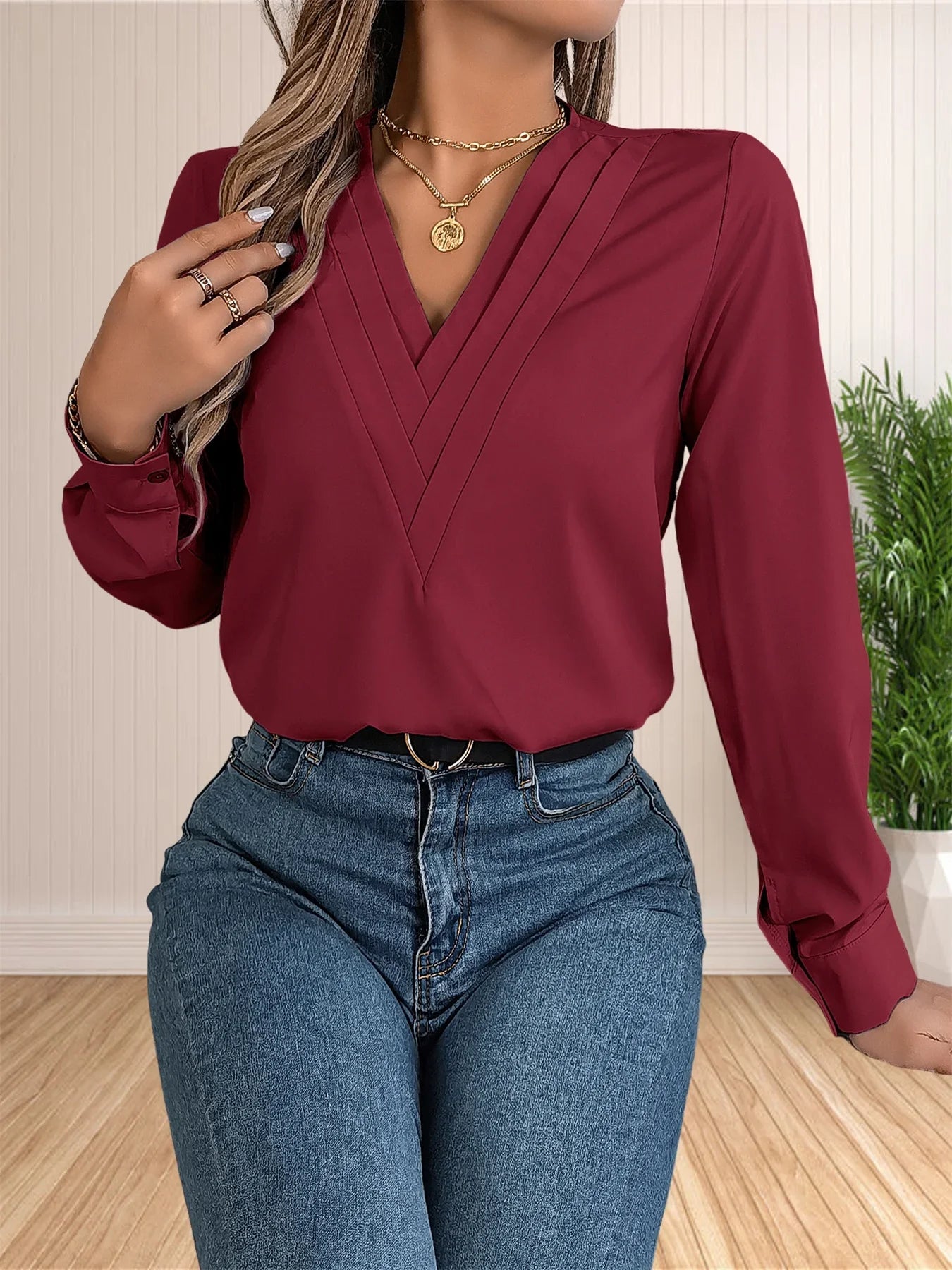Elegant Layered V-Neck Work Blouse