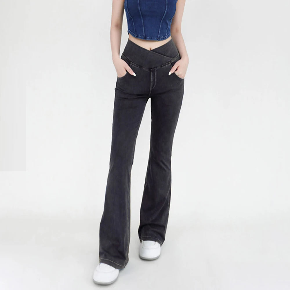 Yoga Jeans for Women Denim Pants Sexy Flared Trousers Lady Pants Hip Lifting and Cross Waist Design Indoor Sports Outdoor Flared