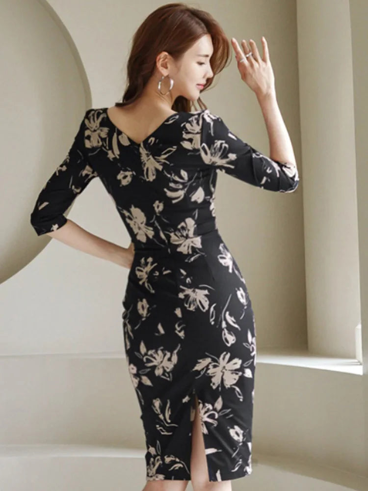 Elegant Floral Square Collar Dress