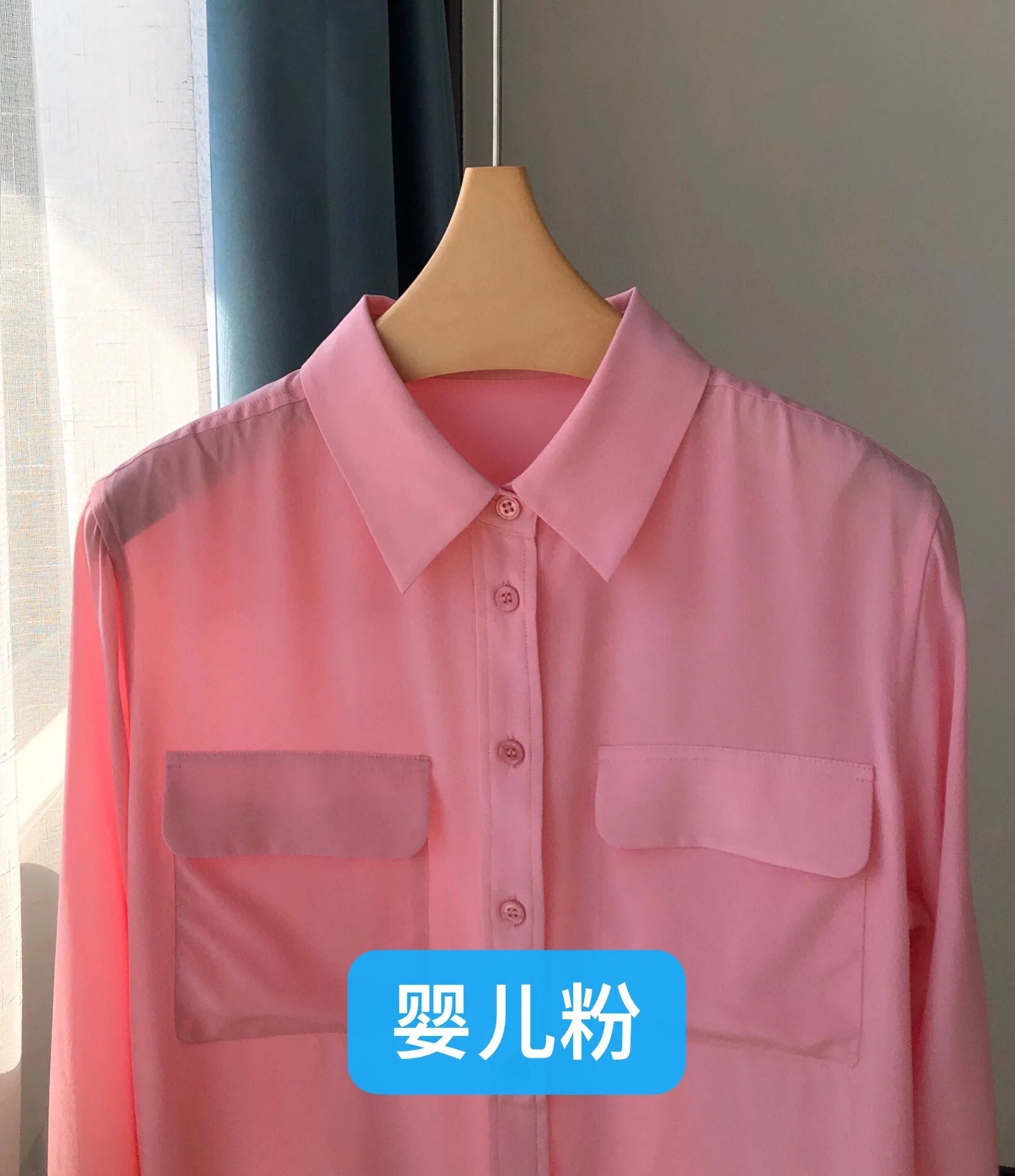 Women Real Silk Shirts Classic Double Pockets Solid Color Casual Fashion Long Sleeve Thin Shirt Blouses Tees
