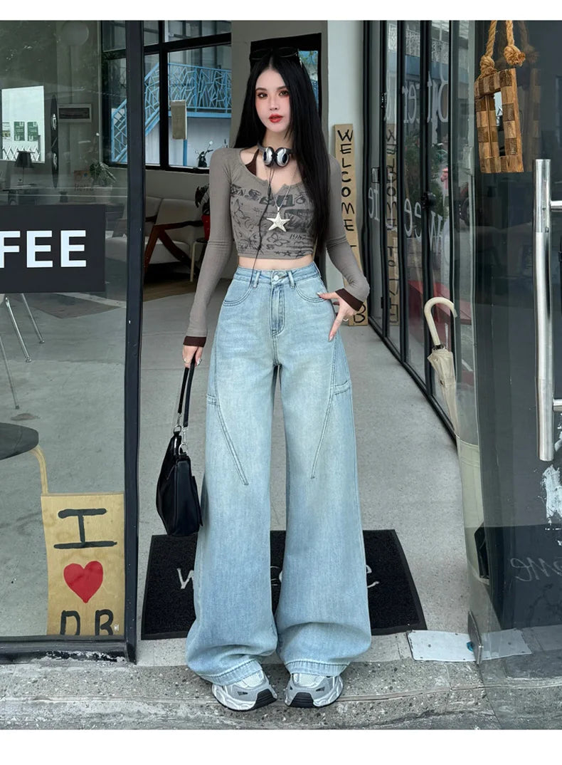 High Waisted Wide Leg Jeans Women Cotton Retro Denim Y2k Loose Fashion Design Sense Pant Streetwear Baggy Straight Trouser Woman
