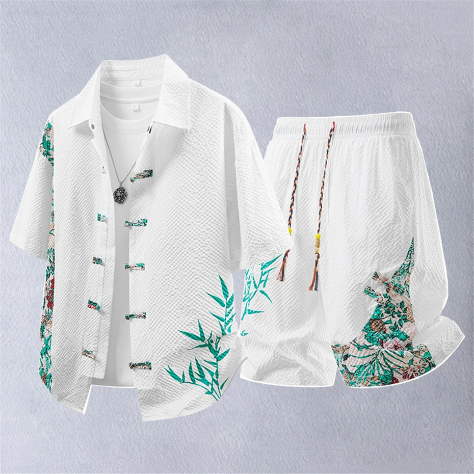 Summer Tracksuits Men Traditional Chinese Style Suit Shirt Shorts Tang Suit Male Fashion Casual Summer Sets