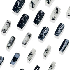 24pcs Thriller Style False Nails With Halloween Ant Bugs Pattern Wearable Press On Nails Ballet Black Punk Nail Art Decoration