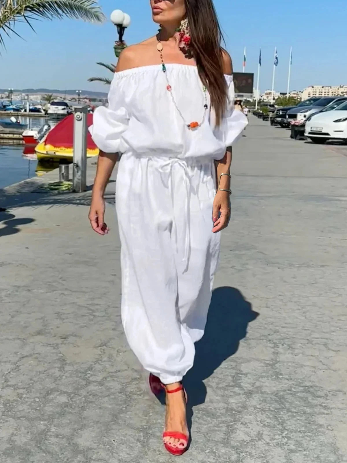 Off Shoulder Casual Puff Jumpsuit