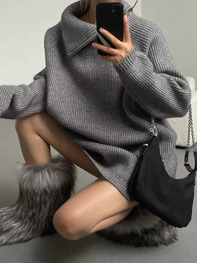 Oversized Zip Turtleneck Knit Sweater