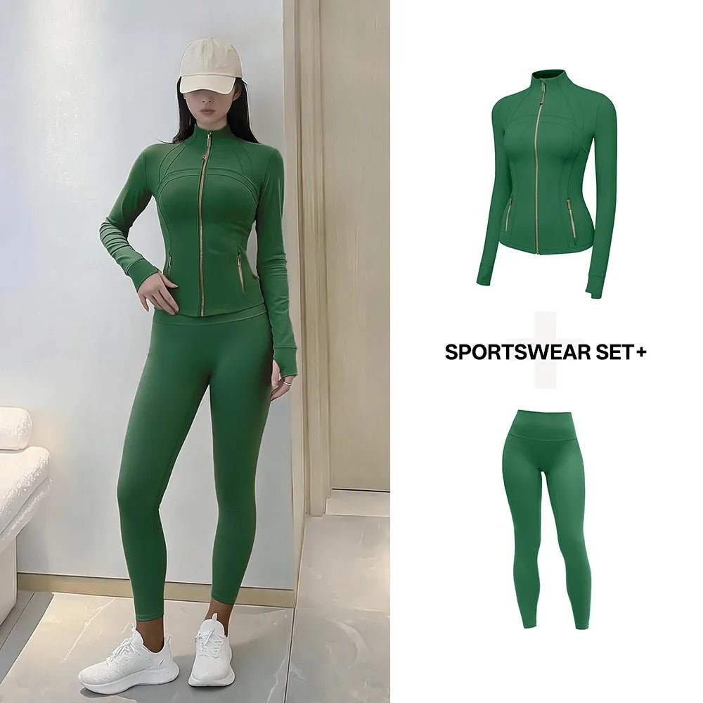 Women's Yoga Set Stand Collar Zip Jacket, Slim Fit Long Sleeve Sports Fitness Yoga Wear