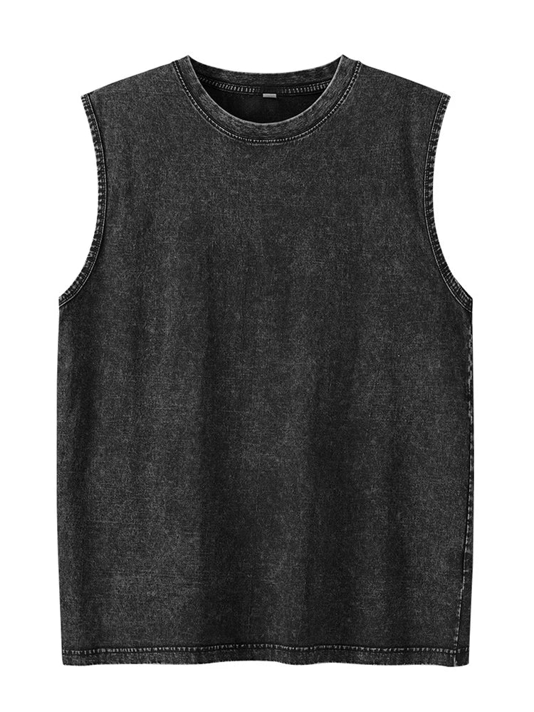 Summer Men's Washed Cotton Tank Tops Muscle Gym Sleeveless Workout T Shirts Running Beach Loose Cutoff Tees