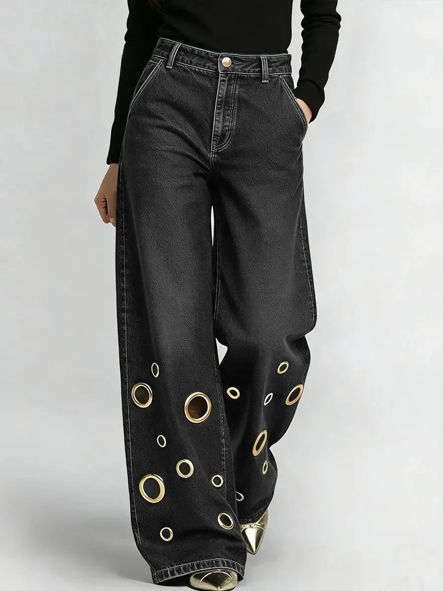 Women's High Waist Wide Leg Jeans with Gold Eyelets Vintage Baggy Denim Pants, Y2K Streetwear Hollow Out Trousers Ladies Jeans