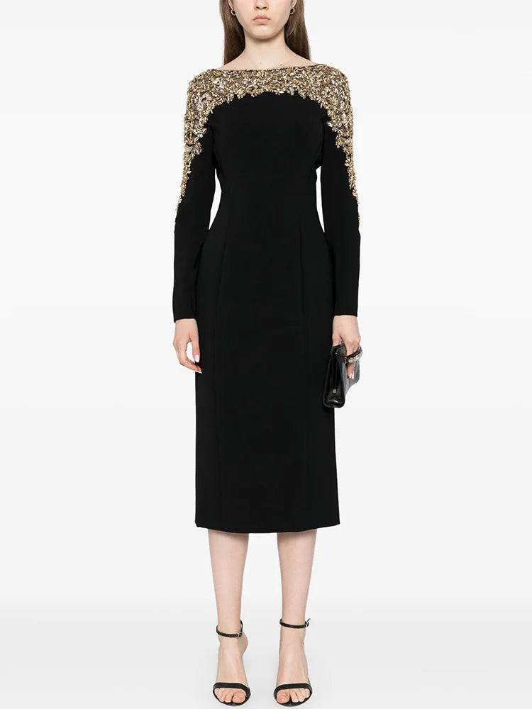 Elegant Beaded Straight Midi Dress
