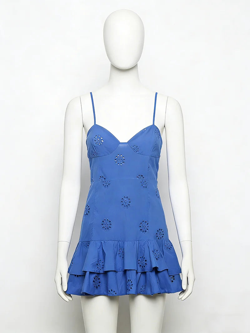 Women Fashion With Ruffled Cutwork Embroidery Mini Dress Vintage Backless Elastic Thin Straps Female Dresses Vestidos