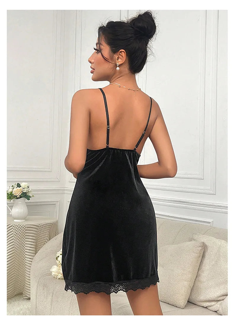 Women's Velvet Nightdress Sexy Deep V Nightgown Female Lace Patchwork Suspender Skirt Backless Adjustable shoulder strap Dress