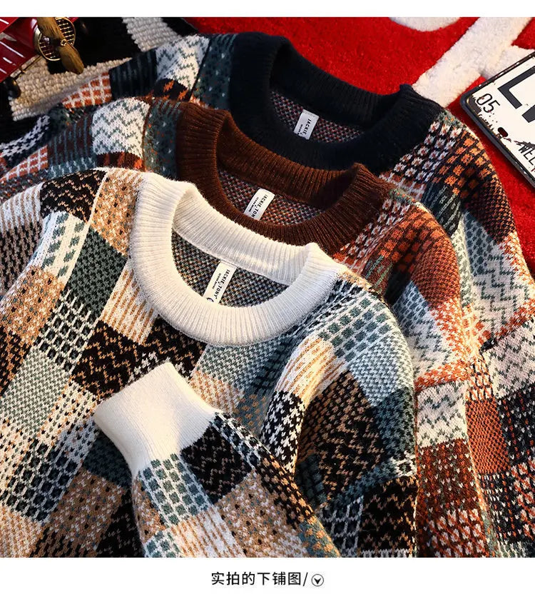 New Fashion Men Plaid Pullover Winter Sweaters Outwear Loose Casual Knitted Sweaters Male O-neck Pullovers Sweatercoats Size 4XL