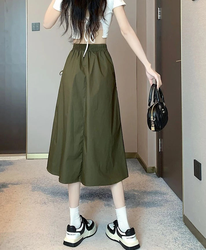 Drawstring Cargo A-Line Midi Skirt