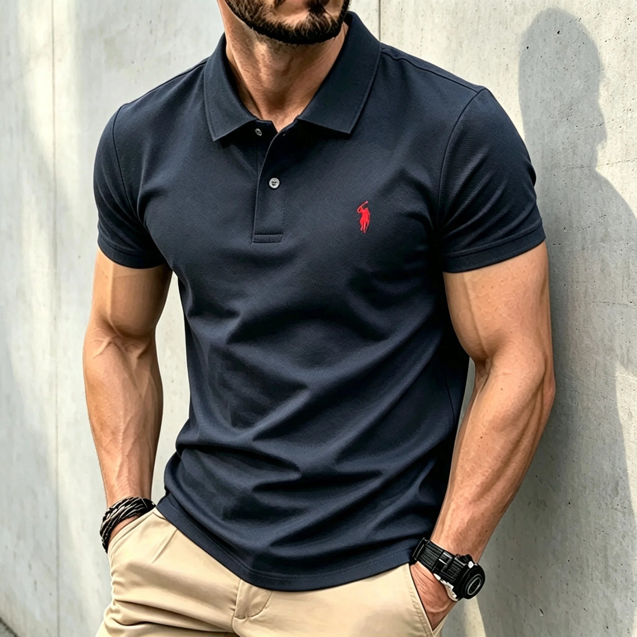 Men Solid Color Polo Shirt Regular Fit Business Casual Short Sleeve Tops With Small Horse Embroidery Chest Print men shirts