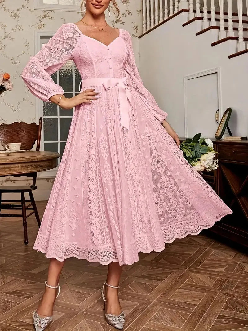 Elegant Party Dress For Woman Evening Prom Dresses Lace Long Gown V Neck Maxi Dress White Pink Floral Lace A Line Balloon Sleeve