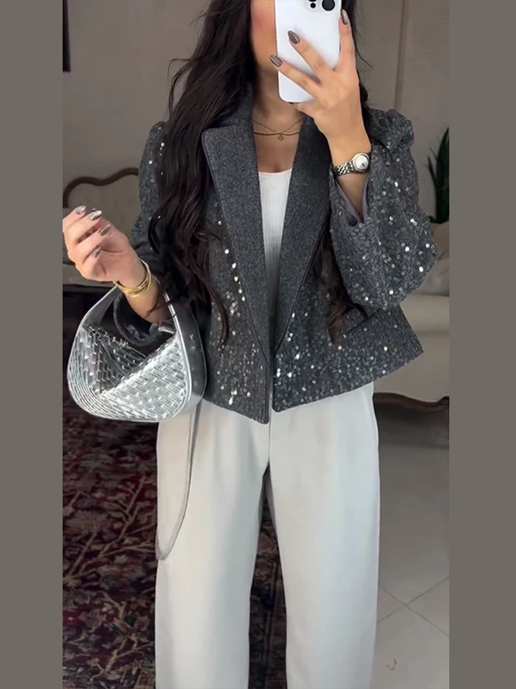 Elegant Cropped Sequin Blazer Jacket