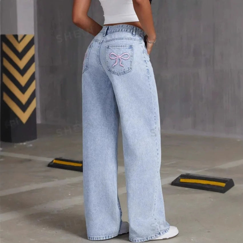 Mens Jeans Vintage Bow Embroidery Washed Denim Pants Harajuku Unisex Loose Fit Straight Leg Streetwear Casual Fashion Trend New
