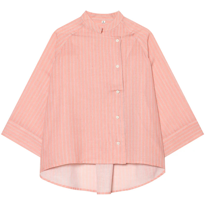 Women's Pink Striped Shirts Summer Asymmetric Button Mid Sleeve Loose Fit Shirts Casual Office Look Vintage Elegant Female Tops