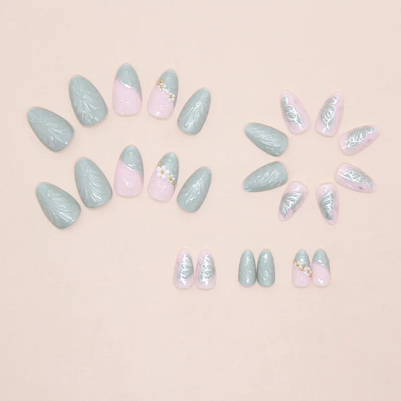 Medium fake nails for women Gradient nude brown blue flowers or rhinestones fall winter almond tips press on false nail art set