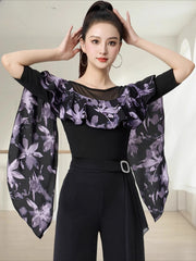 Dancewear Women Tops Summer Fashion Print Latin Line Dance Costume New Products Ballroom Dance Women Top Training Clothes Black
