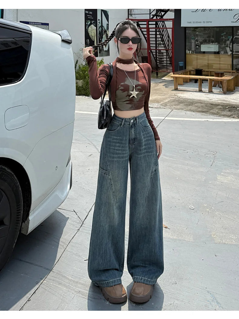 High Waisted Wide Leg Jeans Women Cotton Retro Denim Y2k Loose Fashion Design Sense Pant Streetwear Baggy Straight Trouser Woman
