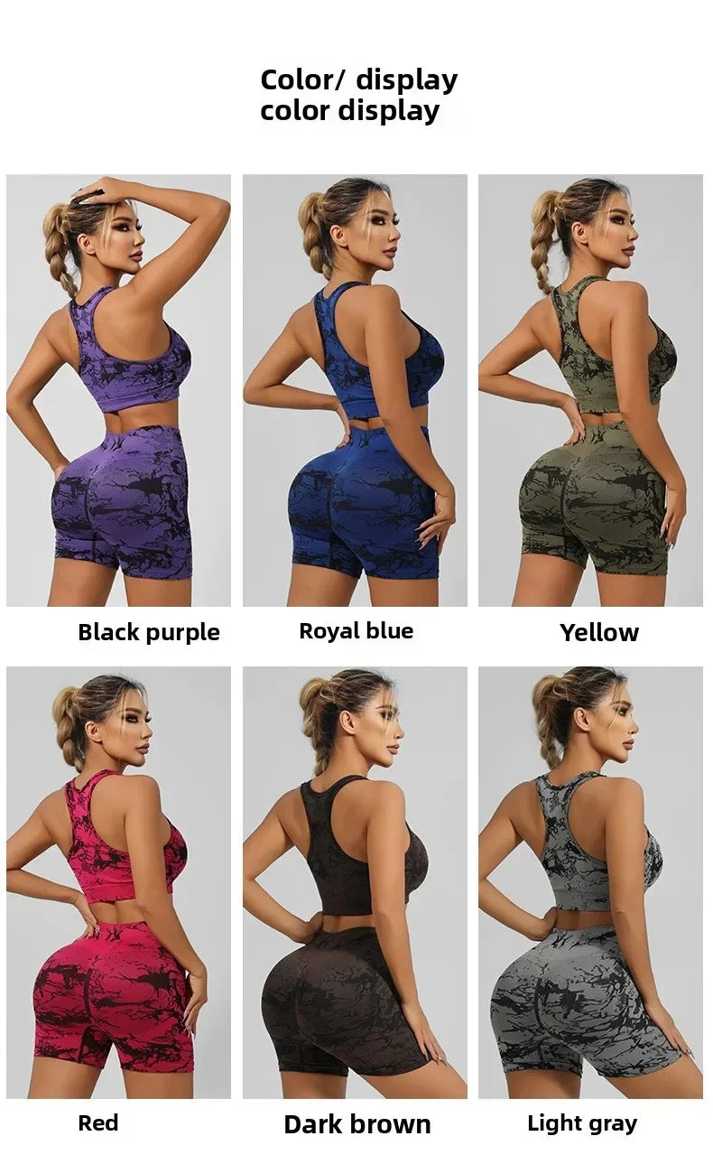 Women Seamless Tie Dye Yoga Set Quick Dry Sports Bra Shorts Lightweight Breathable Workout Outfit
