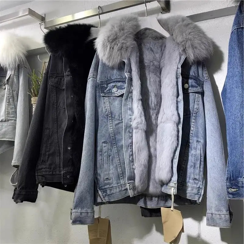 Winter Warm Coats Big Fur Collar Denim Jacket Women Basic Coat Female Cold Motorcycle Outerwear Fleece Thick Padded Overcoat