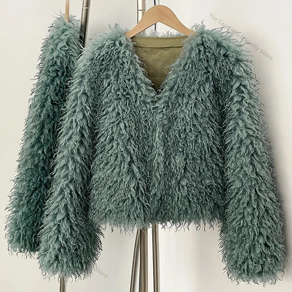 Fur Coat Eco-friendly Coats for Woman Artificial Winter Fur Coat Warm Women's Clothing New in Coats & Jackets Women Tops Stones