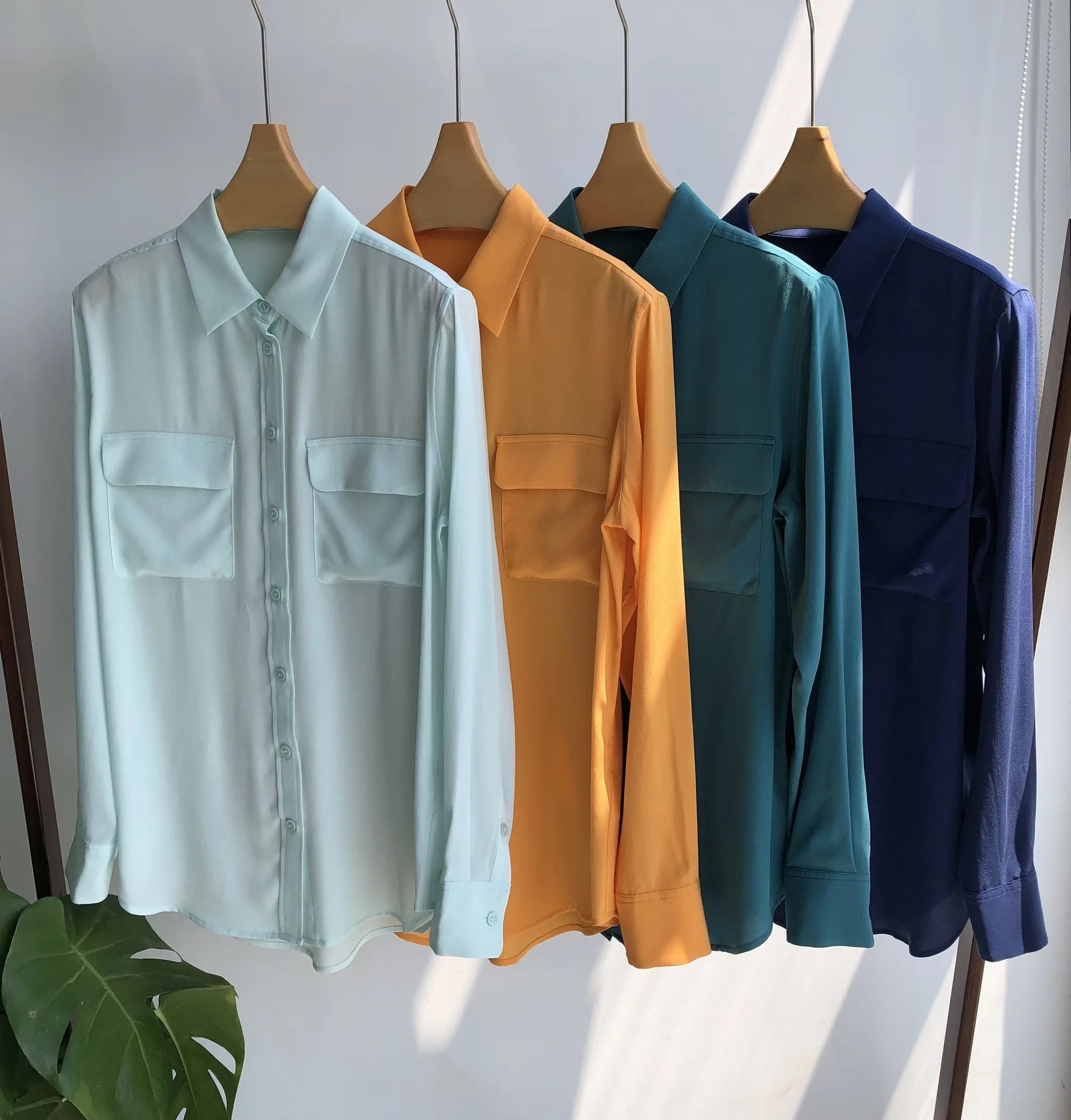 Women Real Silk Shirts Classic Double Pockets Solid Color Casual Fashion Long Sleeve Thin Shirt Blouses Tees