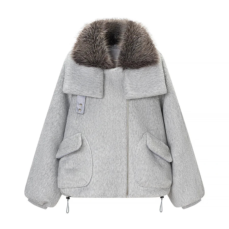 HH Women Fashion Coats Gray Turn-Down Collar Long Sleeves Pockets Decoration Zipper Winter Short Coat Woman Casual Loose Jackets