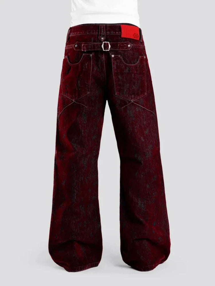 Mens Ins Style Jeans Fashion New American Vintage Flocked Flared Denim Pants Harajuku Unisex Loose Fit High Street Streetwear