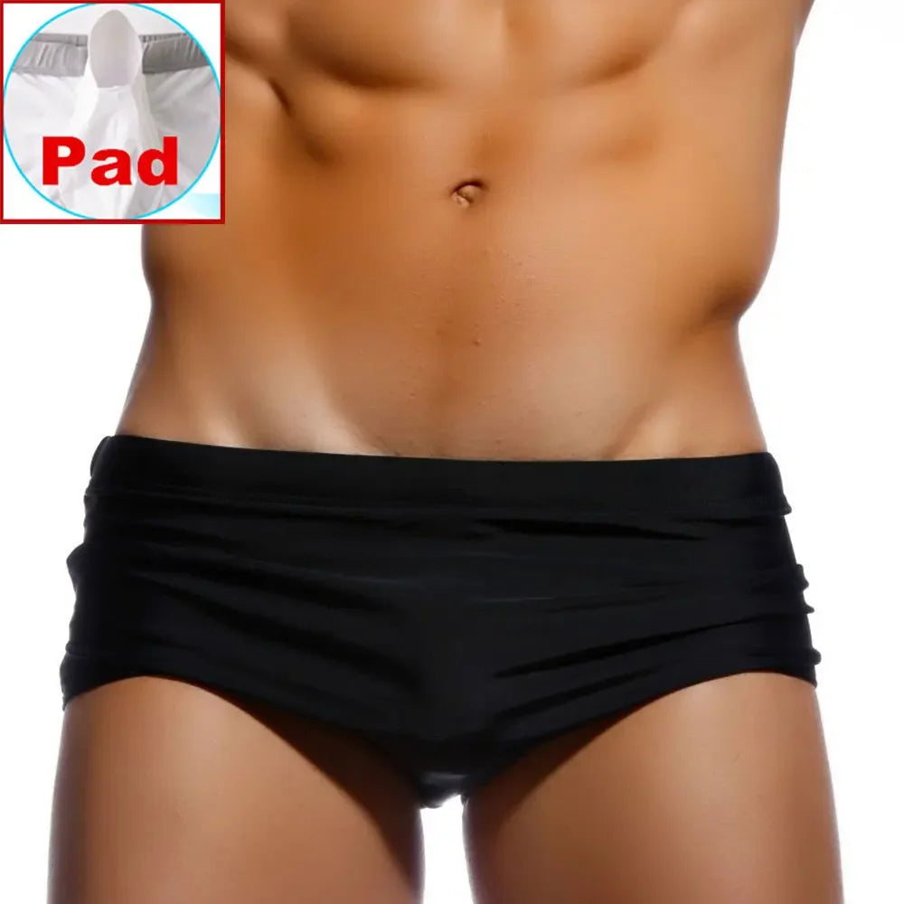 Sexy Mens Swimwear Solid Black Swim Boxer Briefs Bikini Brazilian Cut Surf Trunks Swimsuits Underwear Beach Sports Shorts
