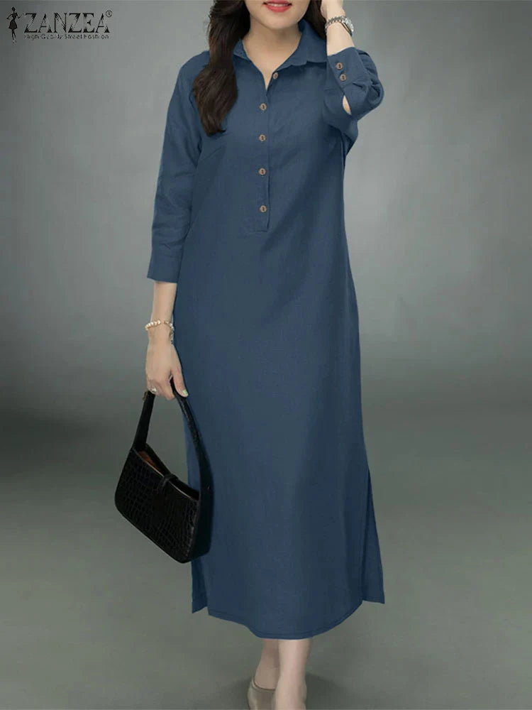 Elegant Lapel Solid Midi Dress