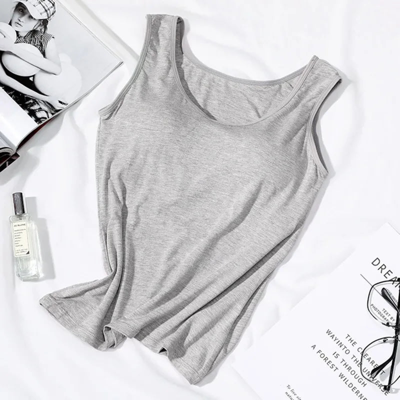 Women's Vest Tops With Built In Padded Bra Vest Slim Fit Tank Tops Sexy Shirts Feminino Casual Underlay Slimming Lingerie Top