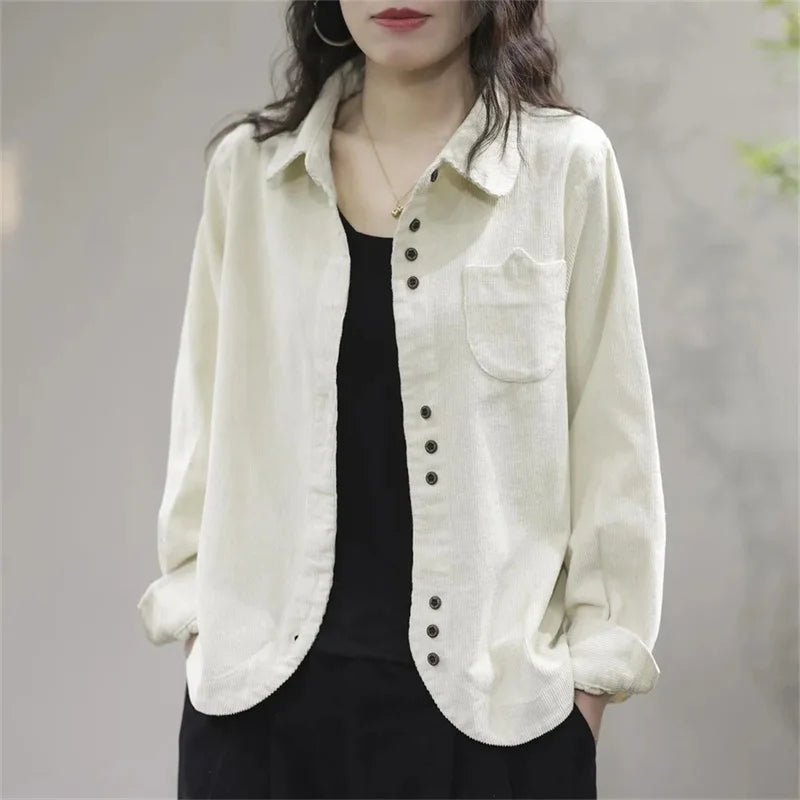 Casual White Corduroy Button Jacket