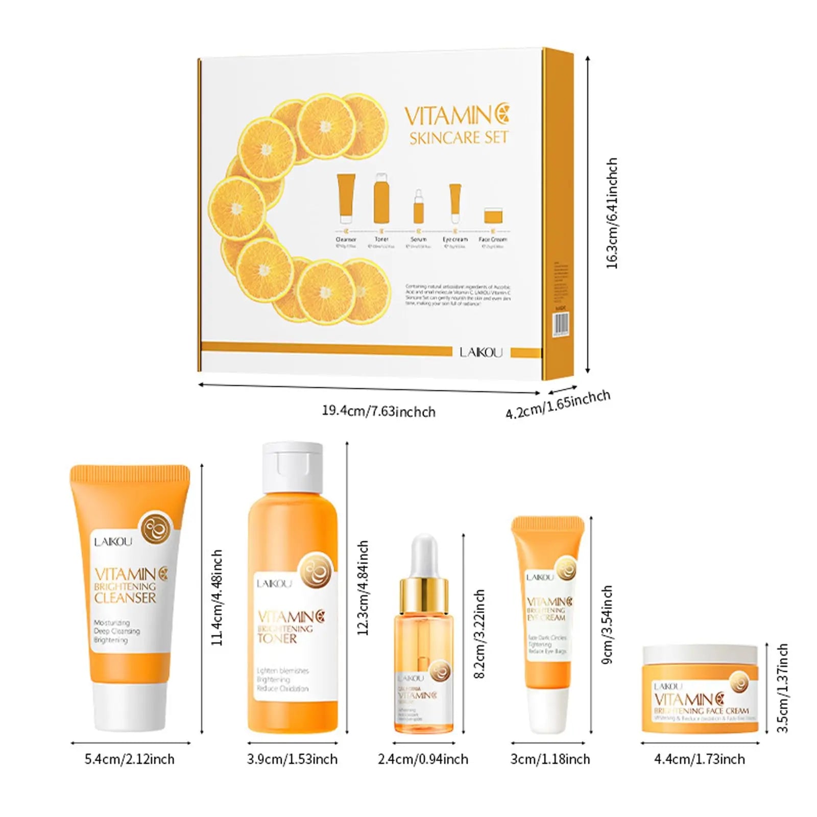 Vitamin C Skincare Set 5pcs(Cleanser-Toner-Serum-Eye Serum-Face Cream) + Natural Antioxidant Ingredients, Nourish Even Skin Tone