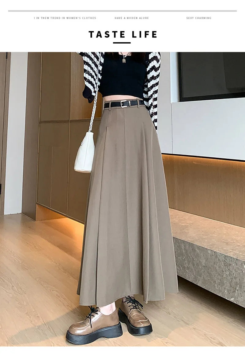 Elegant Skirts for Women Korean Style Long Skirt Female Black Pleated Midi Skirt Women's Clothing Office Lady Skirts Outfits New